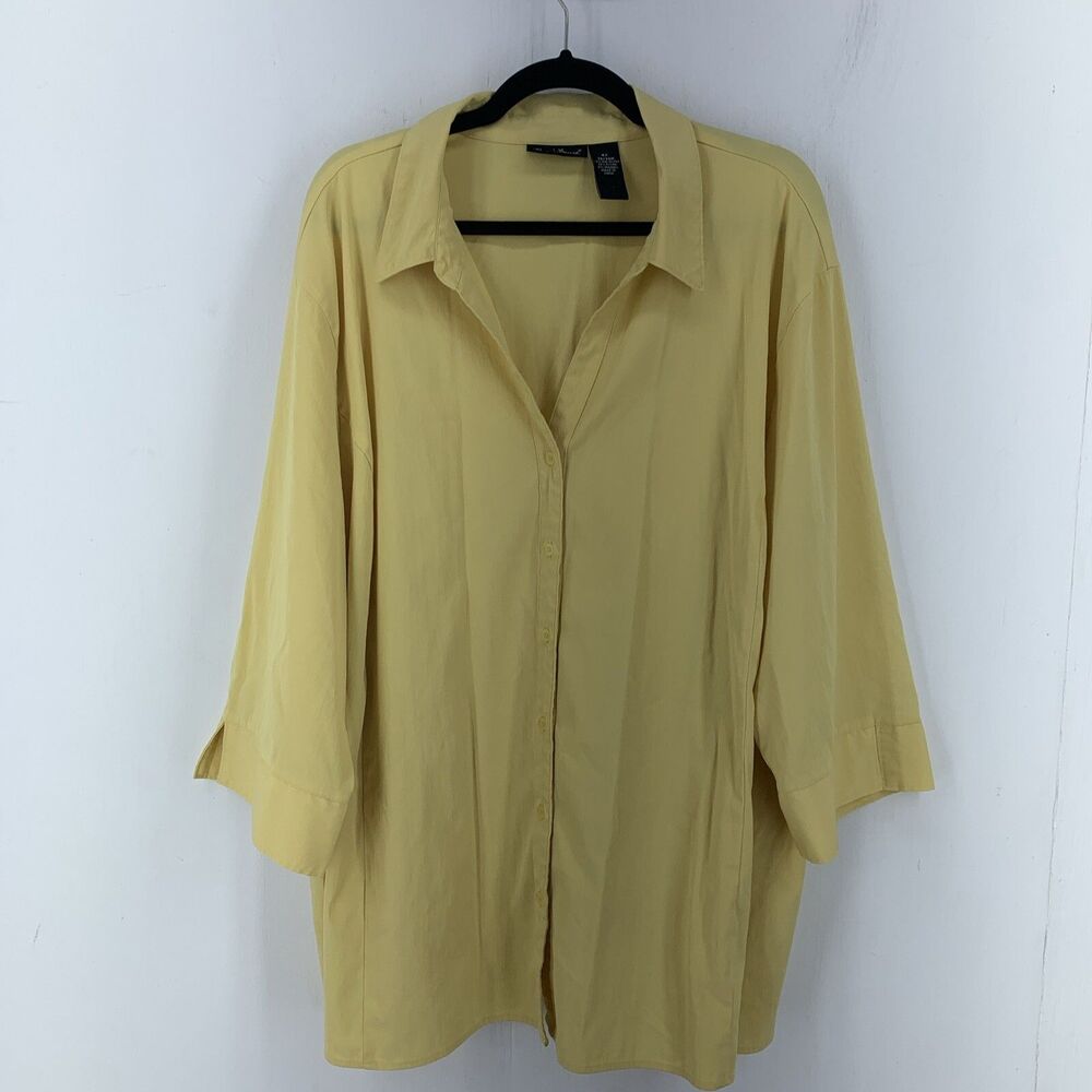 Maggie Barnes Womens 4XL 30/32W Blouse Shirt Button Up Split Sleeve Vneck Yellow
